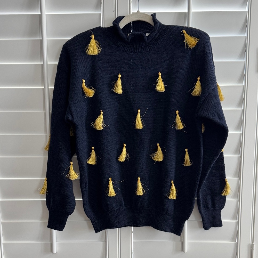 Vintage Paula Saker Wool Navy Sweater with Gold Tassles